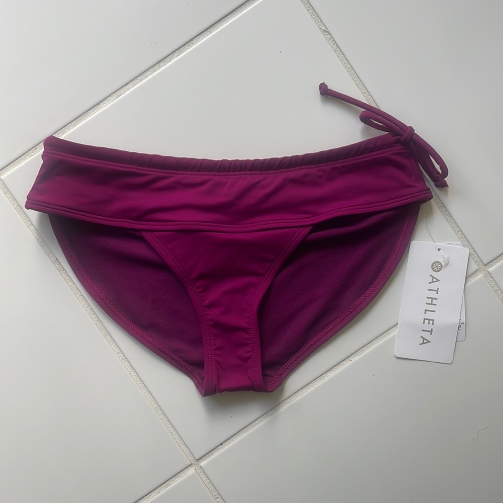 New Athleta Side Tie Bottoms Swimwear Navy Blue Mid Rise Stretch Womens